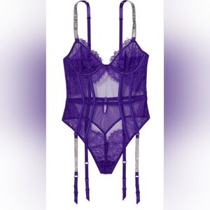 S 💜Victoria's Secret Shine Strap Lace Teddy With Garters Purple